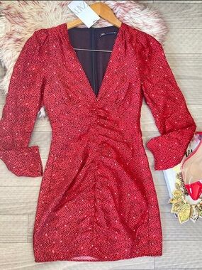 Zara Red Long-Sleeve Sequin V-Neck Mini Dress